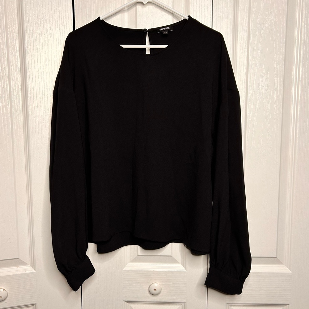 Express Women’s Xl Black Round Neck Long Sleeve Blouse‎ Oversized Fit Keyhole